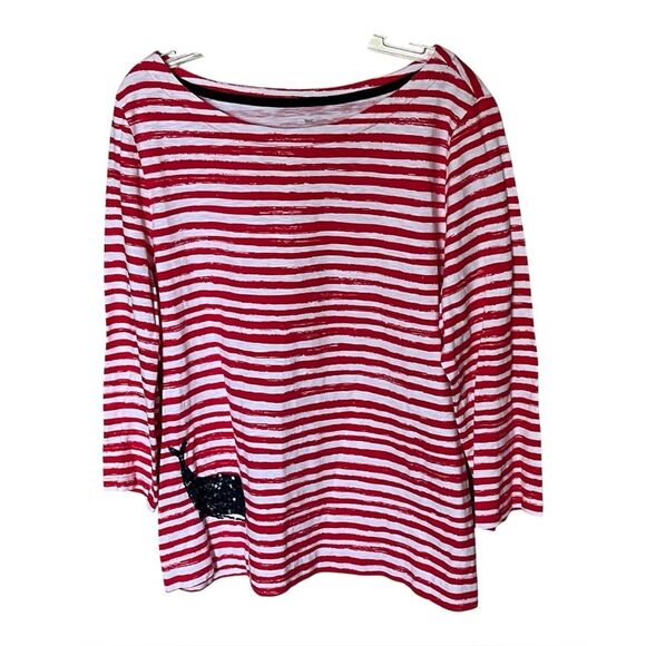 Talbots Cotton Red & White Striped Blue Sequined Whale 3/4 Sleeve Top Size Large - Picture 1 of 8